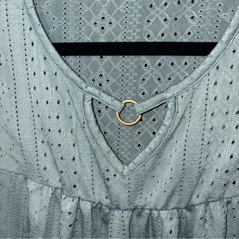 Mint Sage Green Relaxed Smocked Eyelet Blouse with Long Sleeves - Picture 2 of 5